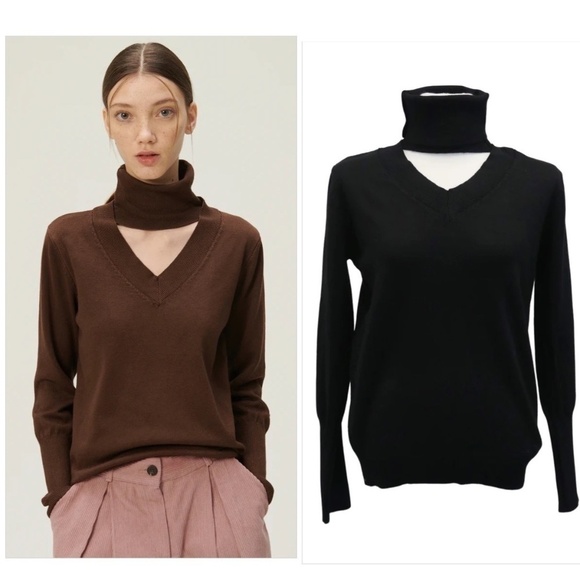 NEW Storets Ali Choker V-Neck Knit Turtleneck Top in Black - Picture 1 of 5